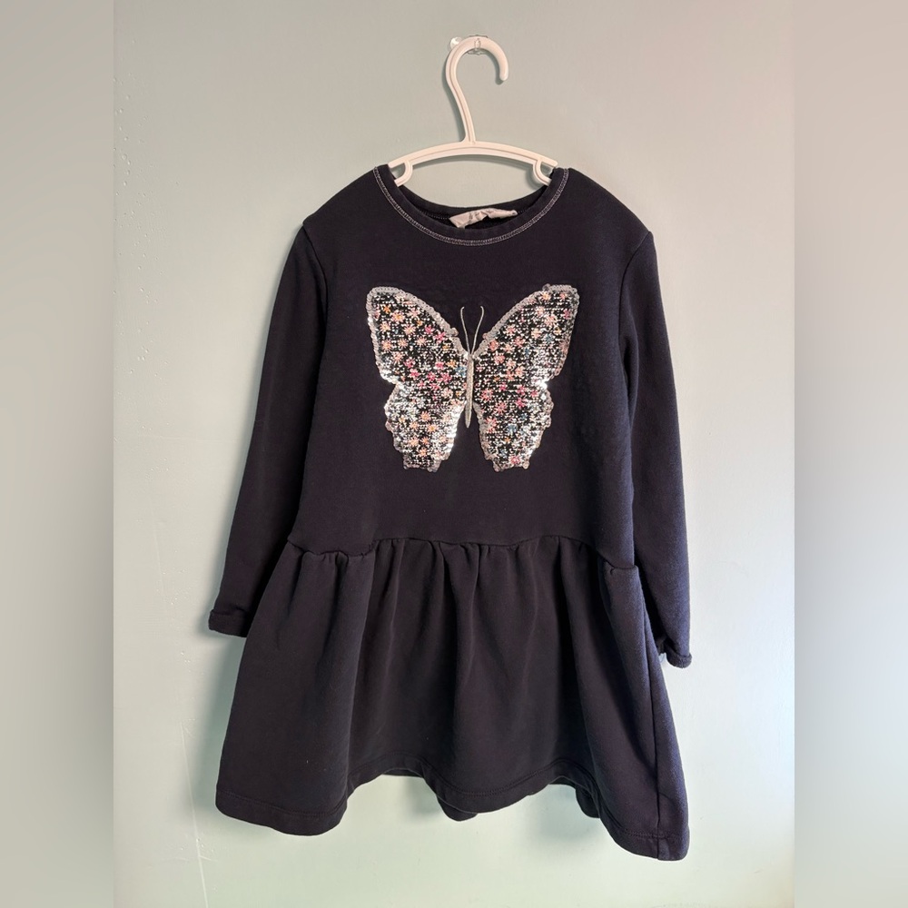H&M Navy Long Sleeve Dress with Sequence Butterfly Pattern, Girl Size 6-8 Dress